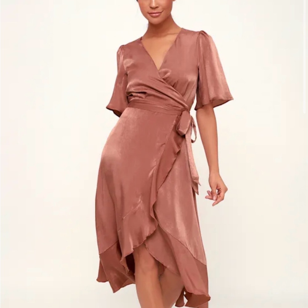 Lulus mauve satin faux wrap midi dress